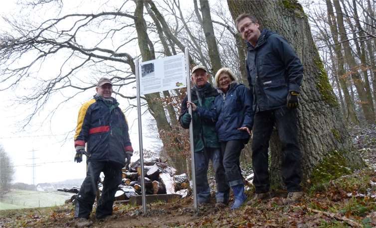 Von links nach rechts: Klaus und Peter Weinowski, Elfriede Böhm und Dr. Werner Eich vom Verein „Schönes Immendorf e. V.“ freuen sich nach getaner Arbeit über die informative Erinnerungstafel zur„Dicken Eiche von Immendorf“.privat