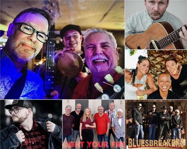 Von oben links im Uhrzeigersinn: Soulmatic, Rob Taylor, MALIMA, Bluesbreakers, Light Your Fire, Max Scheer.  Quelle: Sinziger Musiknacht