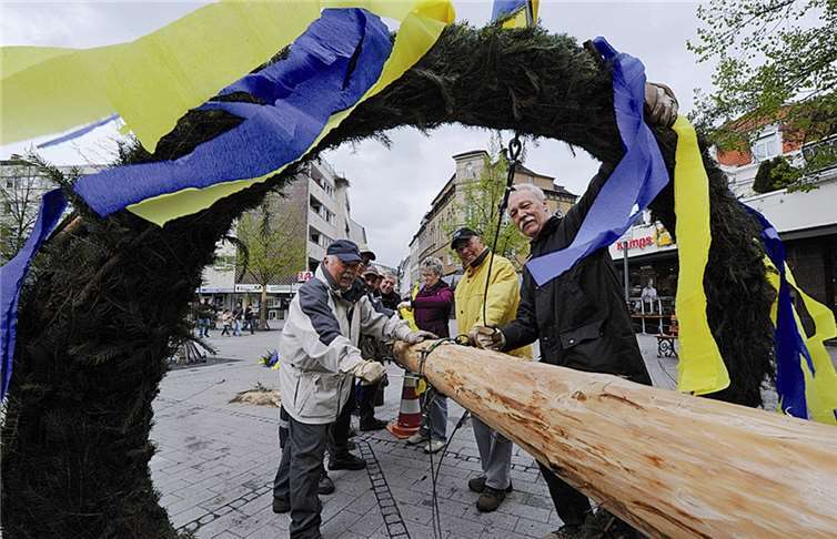 Vor dem Aufstellen wird der Baum noch hergerichtet und mit bunten Bändern geschmückt. -FIX-