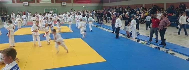 Vor den Kämpfen der Jungs in der Altersklasse U10 war es Zeit für wildes Aufwärmen auf der riesen Mattenfläche.privat