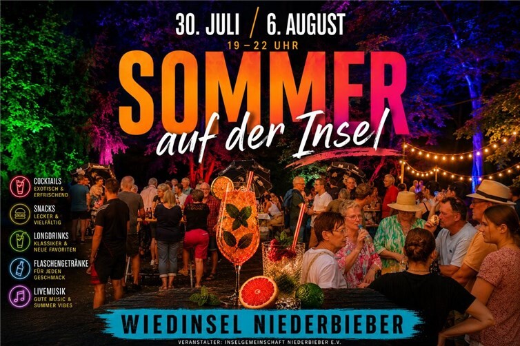 Vorfreude auf den „Sommer auf der Insel 2026“: Die Inselgemeinschaft Niederbieber lädt am 30. Juli und 6. August zu zwei stimmungsvollen Sommerabenden auf die Wiedinsel ein – mit Livemusik, leckeren Cocktails, einem familienfreundlichen Angebot und besonderen Highlights wie der bengalisch beleuchteten Insel sowie einer beeindruckenden Lichtshow. Foto: Inselgemeinschaft Niederbieber e.V.
