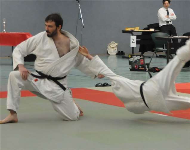 Vorführung der Technik Uki-otoshi im Rahmen der Vorführung der Nage-no-Kata. JC-Swisttal