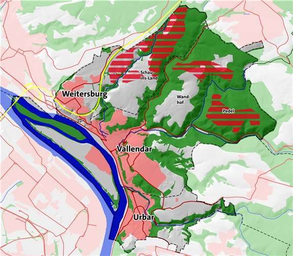 Vorgeschlagene Konzentrationsflächen für die Windenergie (rote Schraffur).