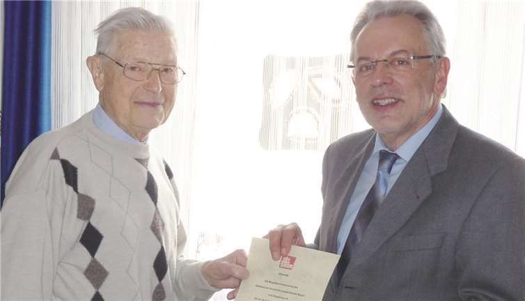 Vorsitzender Günter Müller (r.) überreichte an Ernst Schäfer (l.) die Urkunde mit der Ehrenmitgliedschaft. privat