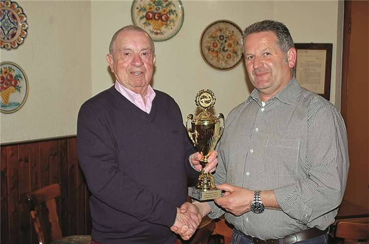 Vorsitzender Markus Mies re ehrt den Jahresmeister Franz - Josef Funk.RÜ