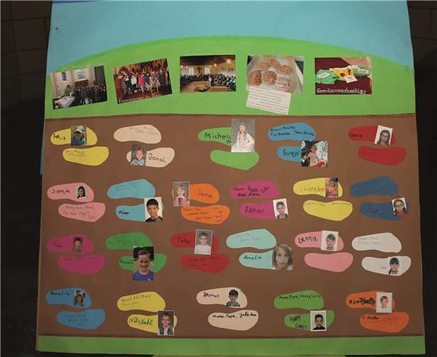 Während der Vorbereitungen auf ihre Kommunion hatten die Kinder ein Plakat angefertigt, auf dem sie ihre Fußspuren hinterließen.