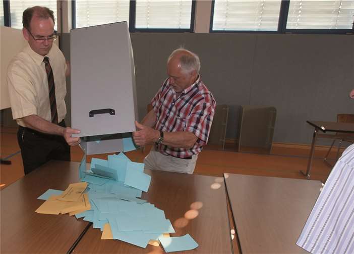 Wahlleiter Michael Jäger (links) kümmert sich persönlich um das Leeren der Urne.