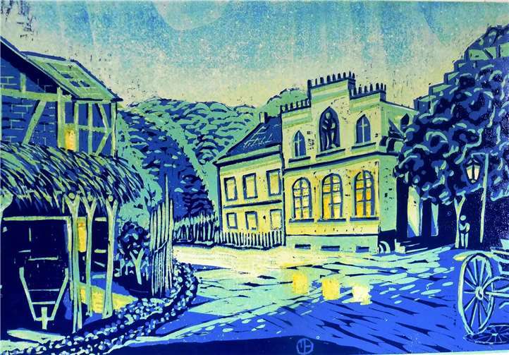 Walporzheim ca. 1900 Blick vom Bahnübergang Richtung Winzerverein Color Reduktions-Holzschnitt 35 mal 55 cm mit 5 Druckstufen. Quelle: Matthias Bertram