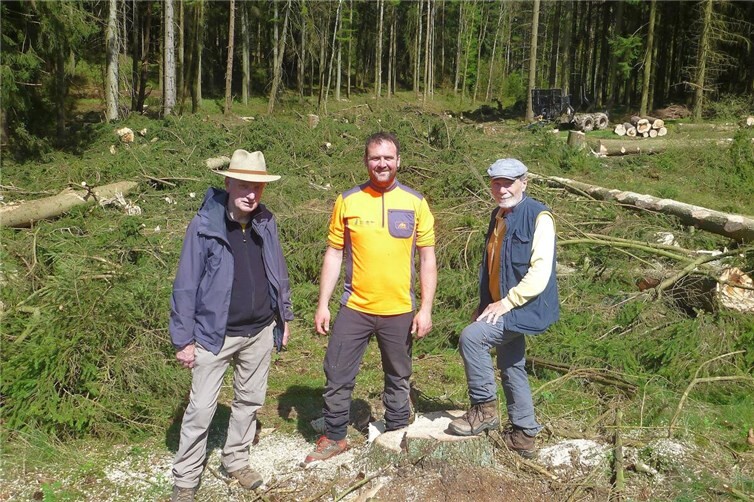 Walter Schmitz, Thorsten Thelen und Winfried Sander (v.l.) freuen sich über die Fällung von Fichten in der Aue des Wirftbaches