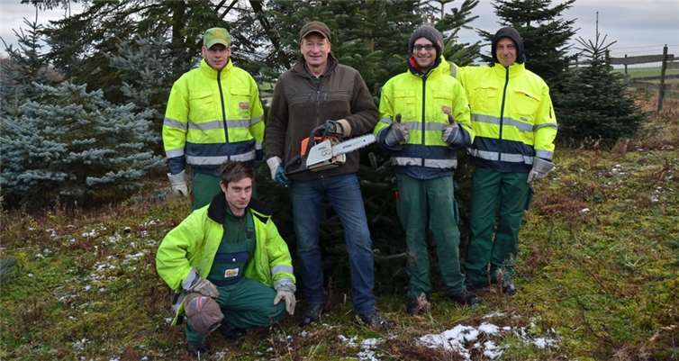 Walter Schmitz (mit Motorsäge) mit den Werkstattbeschäftigten Sascha Speck (kniend), Martin Lohner (l.), Dennis Lotzen (2.v.r.) und Daniel Sawinski (rechts) in der Schonung. Caritas Werkstätten, Mayen