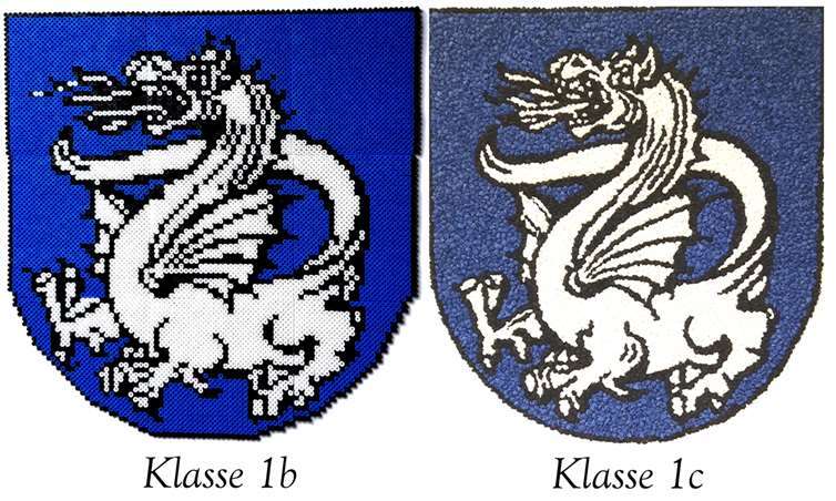 Wappen der Erstklässler, beider Standorte, aus Bügelperlen (Pech) und geknüddeltem Krepp-Papier (Villip).