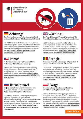Warnplakat zur Afrikanischen Schweinepest. BMEL