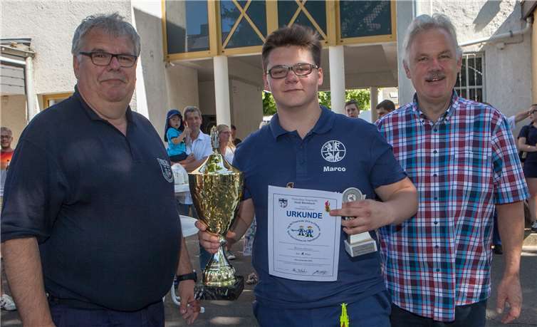 Wehrleiter Laurenz Kreutzer (li.) und Bürgermeister Stefan Raetz (re.) gratulierten der Jugendfeuerwehr Ramershoven für den Gewinn im „Spiel ohne Grenzen“.