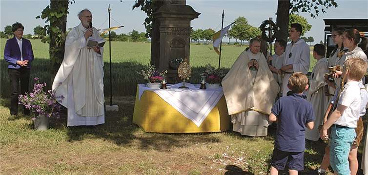 Weihbischof Ansgar Puff an einem prachtvoll geschmückten Wegekreuz. lar