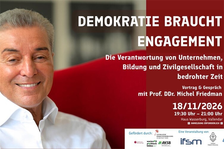 Welche Rolle Unternehmen, Bildung und Zivilgesellschaft dabei spielen, unser Zusammenleben zu stärken, diskutiert der Publizist, Jurist und Philosoph Michel Friedman am 18. November 2026 um 19:30 Uhr in Haus Wasserburg in Vallendar. 