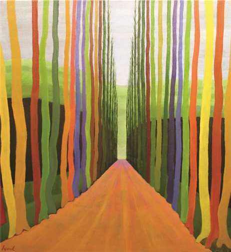 Wie farbig gestreifte Wände sind diese Bäume dem alten Basaltweg im Kasbachtal zur Seite gestellt..