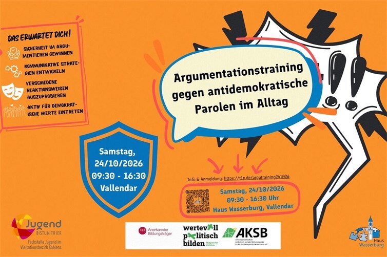 Wie man auf menschen- und demokratiefeindliche Sprüche gut reagieren kann, zeigt Argumentationstrainer Luis Caballero am 24.10.2026 in Haus Wasserburg.