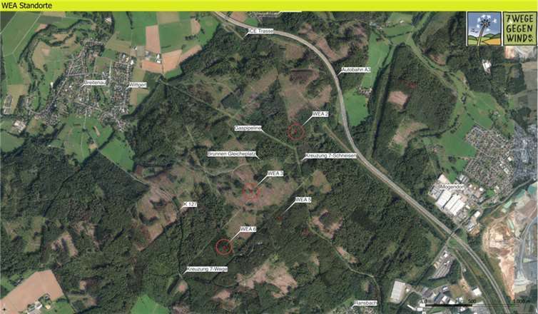 Windpark Haiderbachhöhe mit den geplanten drei Standorten. Quellen: 7-Wege-Gegenwind e.V.