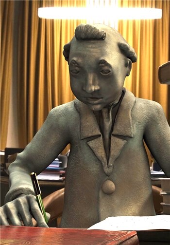 Wird für 15 Filmminuten lebendig: Die Bronze-Skulptur des Amtsboten, der als Kunstwerk vor dem Kreishaus steht.