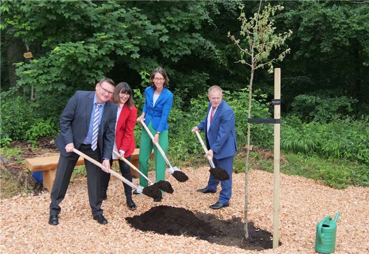 Wo früher das Schloss Monrepos stand, pflanzten (v.re.) Oberbürgermeister Jan Einig, Fürstin Isabelle zu Wied, FriedWald-Geschäftsführerin Petra Bach und SBN-Vorstand Stefan Herschbach den Eröffnungsbaum.Quelle: Servicebetriebe Neuwied