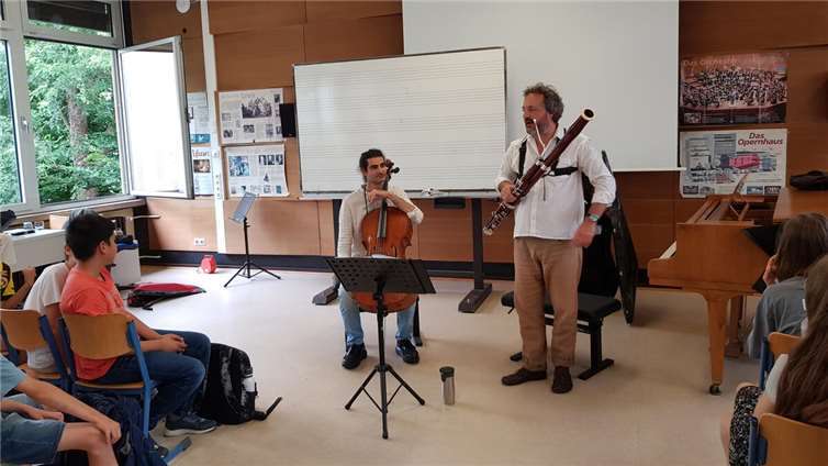 Yoel Cantori (Violoncello, links) und Nikolaus Maler (Fagott) bei ihrem „Guinneskonzert der Rekorde“. Foto: Uta Göring