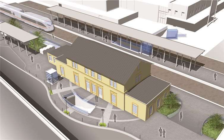 Zukunft für Bahnhof und Bahnanlagen: Deutlich ist die durchgezogene Unterführung auf den Bahnhofsvorplatz zu erkennen. Repro BL