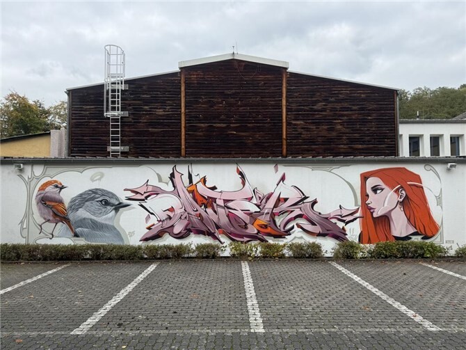 Zum 80-jährigen Bestehen erhielt die Schönstätter Marienschule ein außergewöhnliches Geschenk: Der bekannte Graffitikünstler Daniel Schmitz, der unter dem Namen „dater127“ arbeitet, gestaltete die Außenwand der Sporthalle zu einem beeindruckenden Kunstwerk um. Foto: privat