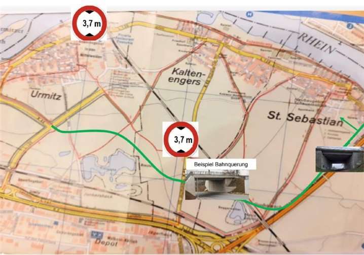 chematische Darstellung des Neuen, von der FWG unterstützten Vorschlages zum Trassenverlauf (Grüne Linie).Quelle: FWG Kaltenengers