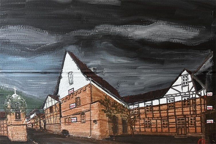 ehemalige Synagoge Dernau. Hochwassermarken 1804,1910,2021 mit Flutschlamm