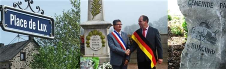 links: Place de Lux in Wolken, Mitte: Treffen in Lux der beiden Ortsbürgermeister Denis Evrard (Lux) und Walter Hain (Wolken), rechts: Erinnerungsstein der Gemeindepartnerschaft am Place de Lux (Wolken).Privat