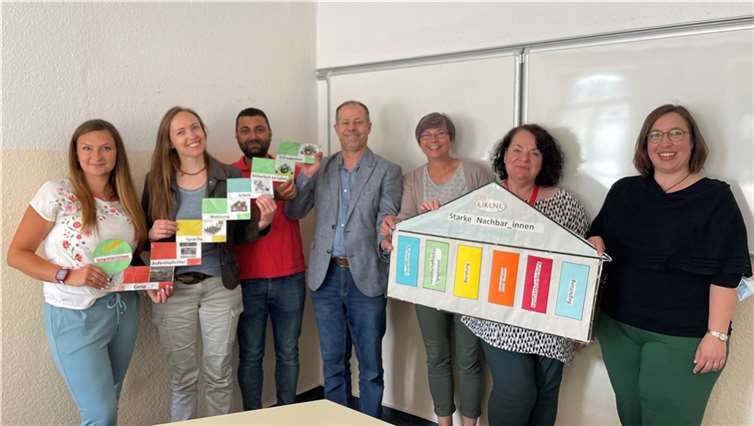 v.l.: Olga Scott (Caritas), Maria Remezova, Bilal Almasri und Iyad Asfour vom Team „Starke Nachbar_innen“, Martina von Berg, Lilly Bittner und Sonja Maibach (Caritas).  Foto: privat