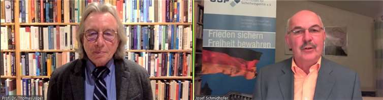 (v.l.) Prof. Dr. Thomas Jäger und Oberst a.D. Josef Schmidhofer beim Webinar der GSP. Foto: Josef Schmidhofer