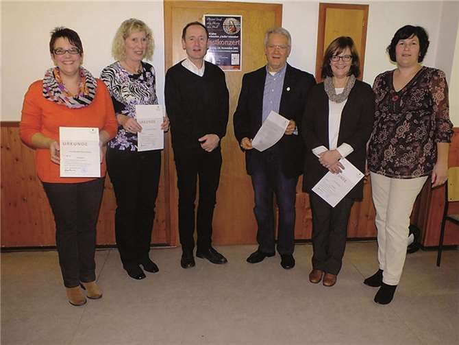 (v.l.n.r.) Alexandra Hahn-Haamann (10 Jahre), Roswitha Brücken (10 Jahre), Heinrich Fuchs (Chorleiter), Hermann-Josef Berg (50 Jahre), Marion Berg (10 Jahre) und Helga Meyer (erste Vorsitzende).privat