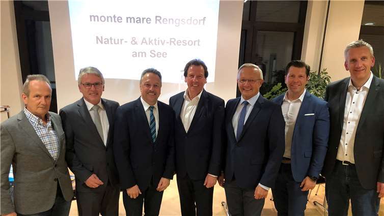 (v.l.n.r.): Martin Klauck, 1.Beigeordneter Ortsgemeinde Rengsdorf; Christian Robenek, Bürgermeister Ortsgemeinde Rengsdorf; Hans-Werner Breithausen, Bürgermeister der Verbandsgemeinde Rengsdorf-Waldbreitbach; Herbert Doll, Geschäftsführer Monte Mare Gruppe; Achim Hallerbach, Landrat des Landkreises Neuwied; Patrick Doll, Geschäftsführer Monte Mare Gruppe; Jörg Zimmer, Marketingleiter Monte Mare Gruppe.