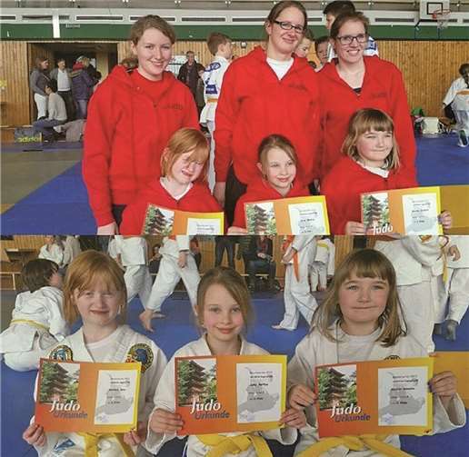vorne, v.l.n.r. Nina Reiners, Serena Jung, Kerstin Deurer, hinten, v.l.n.r. Die Trainerinnen Tanja Thorisch, Jessica Schwickert und Theresa Schwickert. privat