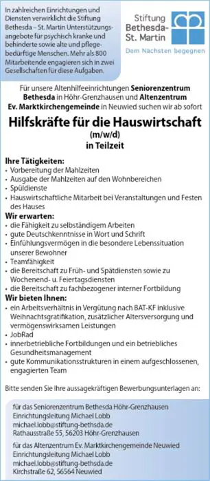 Hilfskräfte für die Hauswirtschaft (w/m/d) in Teilzeit