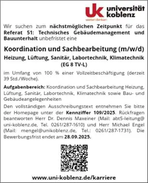 Stellenausschreibung Kennziffer 109/2025