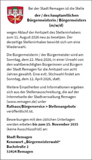 Stellenanzeige  Bürgermeisterin / Bürgermeisters