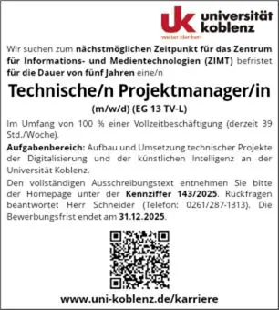 Stellenausschreibung Kennziffer 143/2025