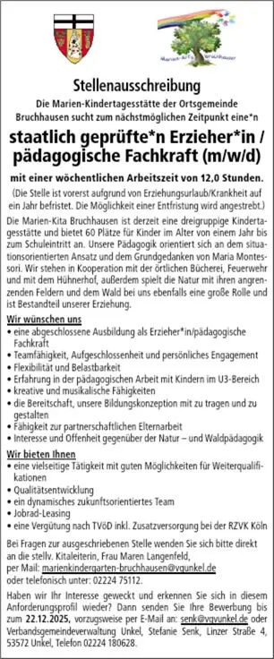staatl. gepr. Erzieher*in (m/w/d) / pädagogische Fachkraft (m/w/d).