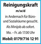 Reinigungskraft für Standort Andernach  