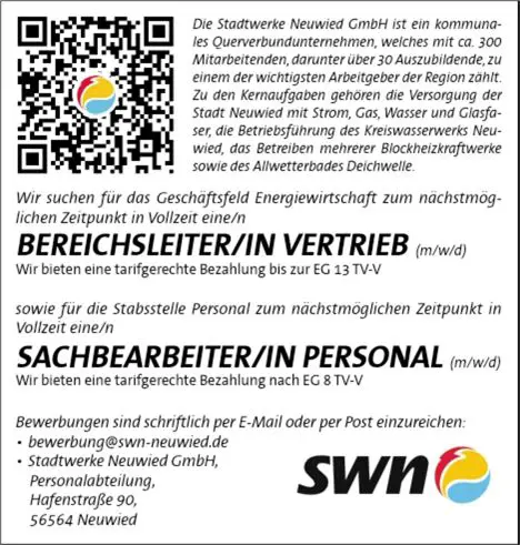 Stellenanzeige Bereichsleiterin Vertrieb & Sachberarbeiterin Personal