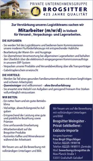 Stellenanzeige Lagermitarbeiter