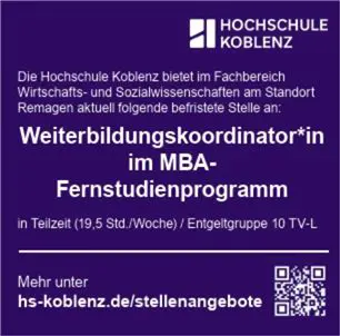 Stellenausschreibung - Weiterbildungskoordinator*in im MBA-Fernstudienprogramm - FB WiSo