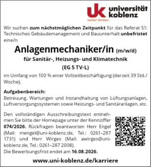 Stellenausschreibung Kennziffer 074/2026