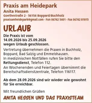 Betriebsferien September 2026 