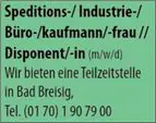 Speditions/Industrie/Bürokaufmann-frau // Disponent-in, Wir bieten eine Teilzeitstelle in Bad Breis