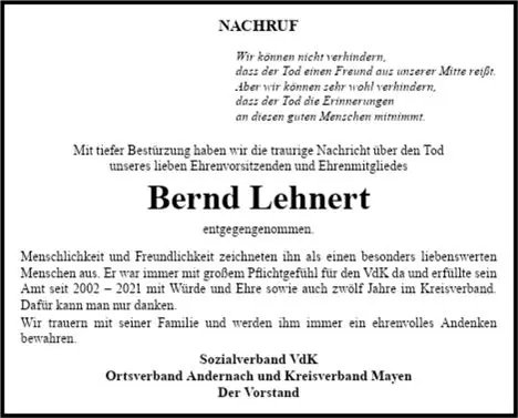 Traueranzeige Bernd Lehnert
