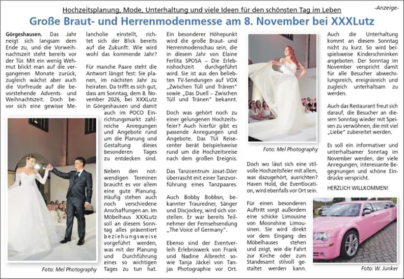 Brautmodenschau am 8. November 2026