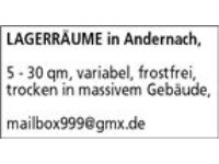 Lagerraum in Andernach,   5 - 30 qm, variabel, frostfrei, in massivem Gebäude,  mailbox999@gmx.de